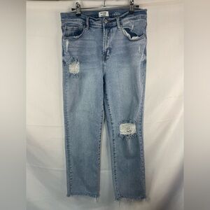 Kenzie’s vintage high rise slim jeans with frayed hems and distressing.